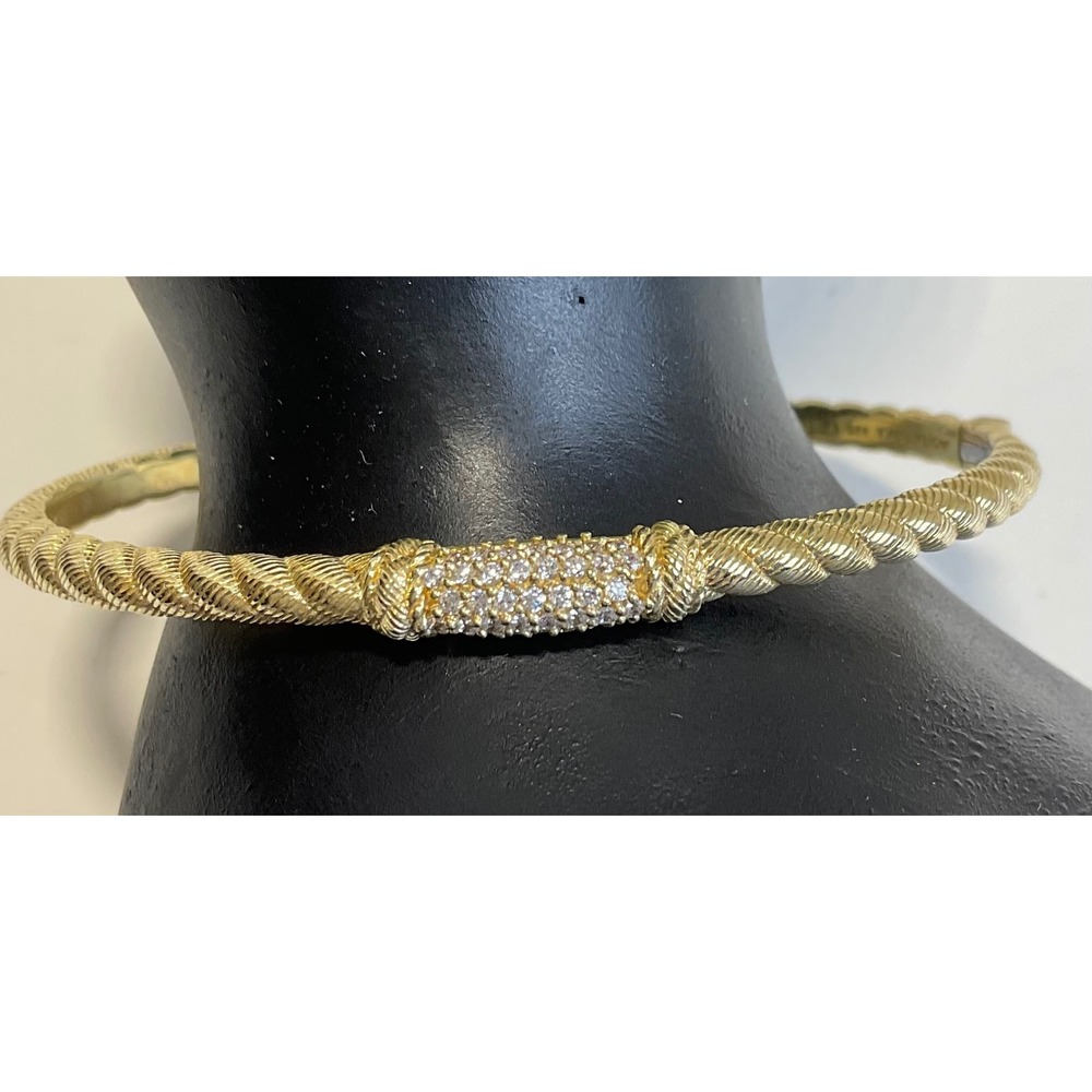 Judith Ripka 925 Silver Gold Tone Twisted Cable CZ Hinged Cuff Bracelet